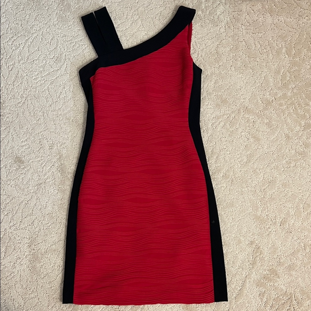 Joseph Ribkoff Red One-Shoulder Dress with Black Panels